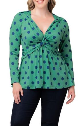 Kiyonna Abigail Long Sleeve Twist Front Top in Green Polka Dot at Nordstrom, Size 0X