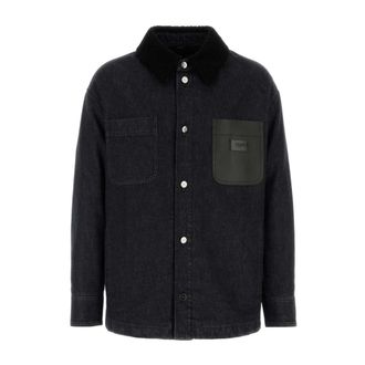 Fendi Denim Jackets, male, Black, Size: M Black Buttoned Jacket with Faux-Shearling Trim