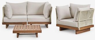 Sklum Conjunto De Sal&oacute;n Con Sof&aacute; Modular De 2 Piezas Con 2 Sillones Esquineros, Mesa De Centro Y Sill&oacute;n En Madera De Acacia Dailin Sklum