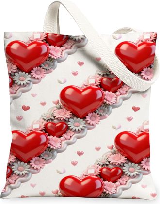 Generic Heart Floral Canvas Tote Bags, Romantic Flower Pattern Reusable Grocery Bags, Spring Vintage Lightweight Washable Shoulder, White, 13x15 Inch