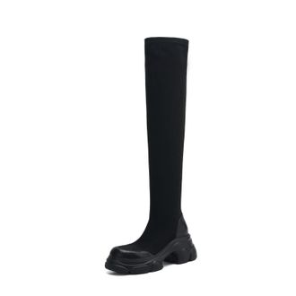 Generic Womens Over-The-Knee Sock Boots Chunky Platform Heels Round Toe Retro Style Comfortable Non-Slip Daily Wear Casual Outings Street Fashion,Black,3.5 UK