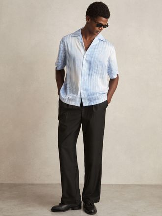 Reiss Soft Blue & white Faded-stripe Cuban-collar Shirt, XL