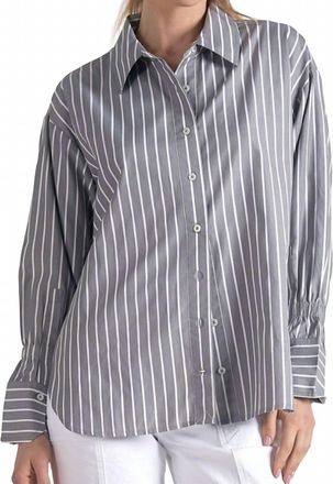 Elan Long Sleeve Smock Top With Wristband Shirt In Grey/white Stripe