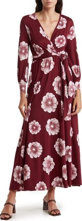 Go Couture Long Sleeve Maxi Wrap Dress in Burgundy Bouquet at Nordstrom Rack, Size X-Large