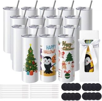 OEM 16er-pack Gerade Sublimationsbecher, 567 G Blanko-becher, Edelstahl-doppelwandbecher Mit Strohhalm, Deckel, B&uuml;rste, Boden, Schrumpffolie, Geschenkbox,