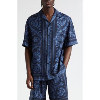 Versace Barocco Print Silk Button-Up Shirt in Navy Blue at Nordstrom, Size 48