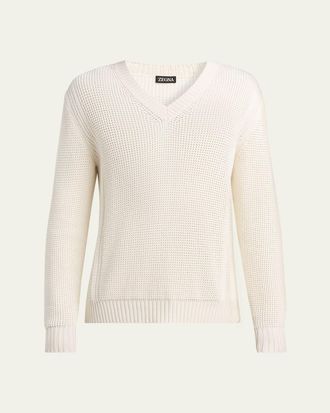 Ermenegildo Zegna Mens Cotton and Silk Knit V-Neck Sweater
