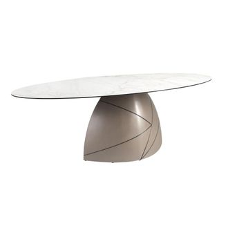 Angel Cerd&aacute; Mesa comedor ovalada m&aacute;rmol porcel&aacute;nico y acero taup&eacute; metalizado