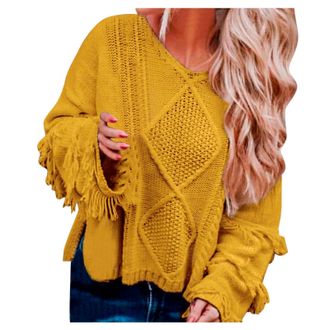 Generic Ladies Tops Size 12 V Neck Jumpers for Women UK Sweaters for Womens Round Collar Tassel Knit Sweater Long Sleeve Sweatshirt Top Sleeve Knit Top Ladies