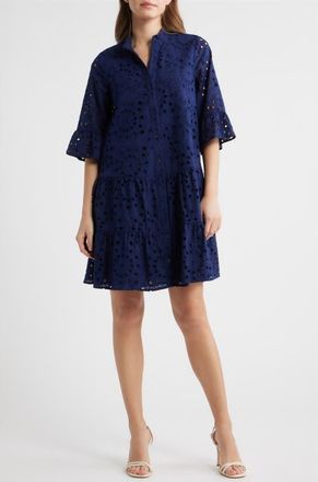 Anne Klein Eyelet Embroidered Tiered Cotton Dress in Distant Mountain at Nordstrom, Size Xx-Small