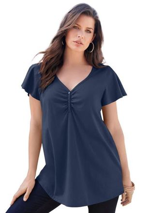 Roaman's Plus Size Cotton Ultimate Flutter Sleeve Sweetheart Tee in Navy at Nordstrom, Size 16