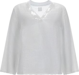 120% Lino Neutrals V Neck Sequin Linen Blouse