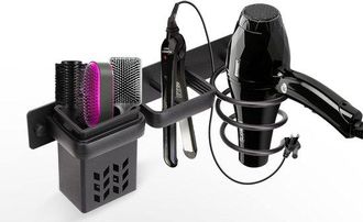 OEM Soporte Para Secador De Pelo Y Organizador De Planchas - Montaje En Pared De Aluminio - Con Rejilla Perforada Y Gancho Para Enchufe - Negro