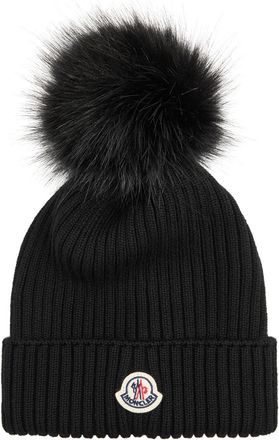 Moncler Kids Pompom Ribbed Wool Beanie - Black - 3 (M)