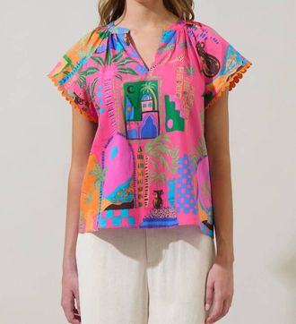 Sugarlips Lanus City Alya Split Neck Top In Fuchsia Mult