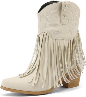 Generic Womens Retro Pointed Toe Faux Leather Cowboy Ankle Boots Medium Block Heels Tassel Embroidery Comfortable Non-Slip Wear-Resistant For Western Style Da
