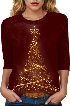 Generic Christmas 2025 Women Tee Shirts Fitted 3/4 Length Sleeve Round Neck Shirts T Shirt Basic Tops Printed Tshirts Tops Trendy Cute Loose Fit Pullover Blou