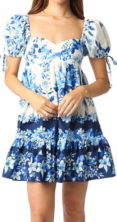 Olivaceous Floral Print Mini Dress In White/blue