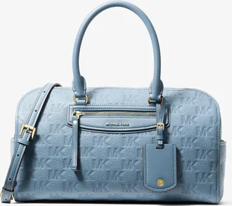 Michael Kors Jet Set Travel Medium Logo Embossed Leather Duffel Crossbody Bag