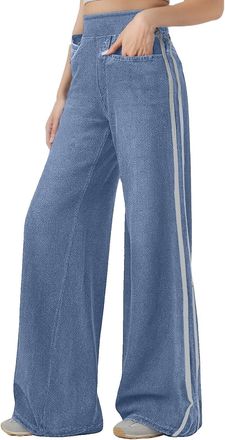 Generic Pull on Wide Leg Jeans Straight Trousers for Women, Side Stripe Stretch Denim Fit Casual Stretchy Baggy Loose Pants, Trendy Tummy Control Straight Leg