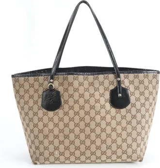 Gucci Beige Black Leather Canvas Handbag Tote Bag (Pre-Owned)