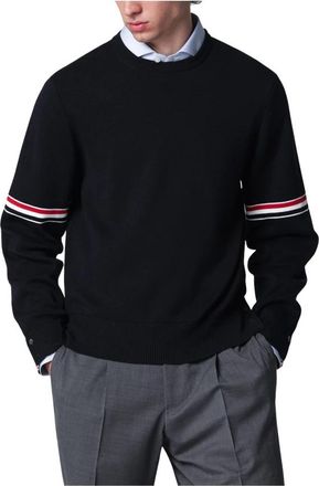 Thom Browne Milano Stitch RWB Arm Stripe Pullover - Heren - Ronde hals truien - Blauw - L - Katoen - Truien & Vesten
