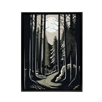 Artery8 Full Moon Over Forest Landscape Framed Canvas Wall Art Print in Black | Size: W24 x H32