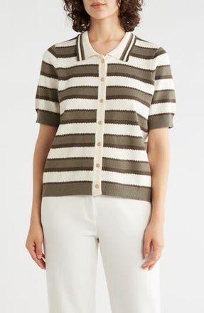 Adrianna Papell Stripe Polo Sweater in Olive Tree Combo at Nordstrom Rack, Size X-Large