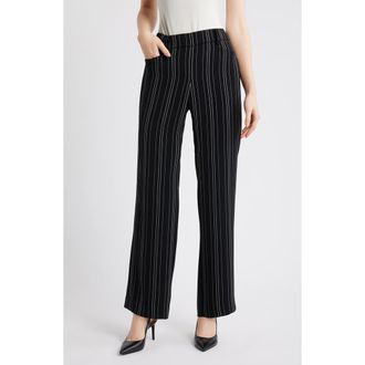 Anne Klein Stripe Pull-On Wide Leg Pants in Anne Black/White Dove at Nordstrom, Size Xx-Small