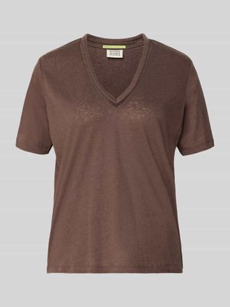 Scotch & Soda Regular Fit T-Shirt aus Leinen-Mix mit V-Ausschnitt in Dunkelbraun, Gr&ouml;&szlig;e XL