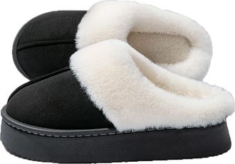 Generic Womens Fuzzy Platform Scuff Slippers, Non-Slip Slip-On Winter Suede House Shoes, Warm Plush Fur Lined Memory Foam Indoor Outdoor Comfy Slippers,Black,
