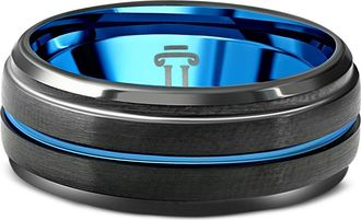 Pompeii3 Mens Black & Blue Tungsten Ring Brushed Beveled Step Cut Wedding Band