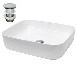 ECD Germany Lavabo de cer&aacute;mica blanco rectangular con desag&uuml;e plateado