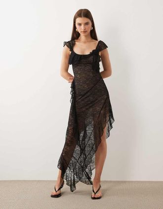 I.AM.GIA Julietta - Vestito lungo nero in georgette pizzo con volant e fondo asimmetrico