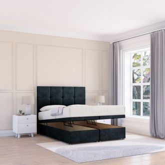 Sloomy Jasmine Naples Fabric Ottoman Bed End Opening With Sprung Memory Mattress & 26 Inch strut Headboard in Black | Size: Small Double
