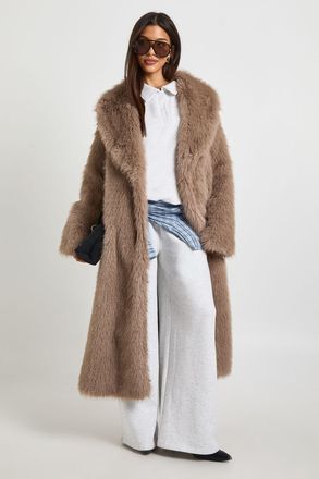 Boohoo Womens Premium Collard Fur Maxi Coat - Mink - Size 16 UK