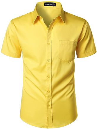 PARKLEES Mens Casual Urban Stylish Slim Fit Short Sleeve Button Up Dress Shirt with Pocket EU-ZLSC15 Bright Yellow XXX-Large