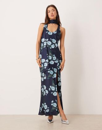 Asos Vestito lungo senza maniche in raso blu a fiori con dettaglio stile foulard-Multicolore