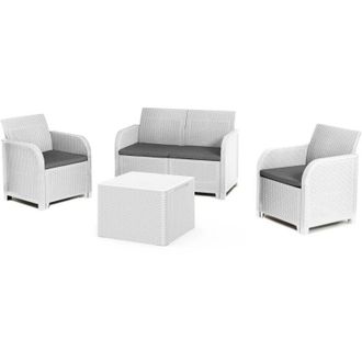 Keter Conjunto De Jard&iacute;n Sanremo Con Dos Sillones Y Sof&aacute; De 2 Plazas Con Mesa Auxiliar, Resina Imitaci&oacute;n Rat&aacute;n Trenzado, Color Blanco - Keter
