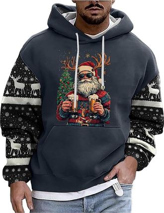 Generic Mens Christmas Hoodies Funny 3D Reindeer Print Hooded Jumper Festive Novelty Long Sleeve Pullover Cosy Winter Xmas Party Sweatshirt