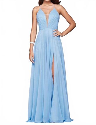 Faviana Chiffon V-Neck Evening Dress In Cloud Blue