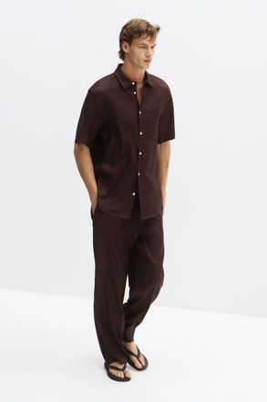 H&M Easy Care Regular Fit Linen-blend Shirt in Dark Brown at Nordstrom, Size X-Large