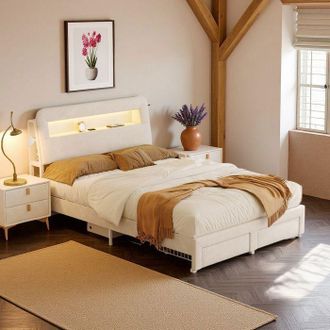 OEM Cama 140x200 Cm De Terciopelo Beige Con Led Integrado, Puerto Usb, 2 Cajones Y Somier - Dise&ntilde;o Moderno