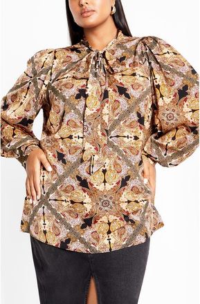 City Chic Mylah Print Tie Neck Shirt in Paisley at Nordstrom, Size Xxs