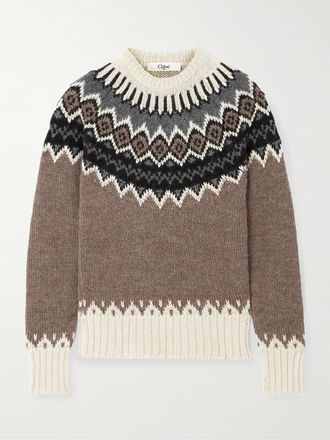 Chloé Pullover In Misto Alpaca, Lana Merino E Cashmere Fair Isle - Marrone