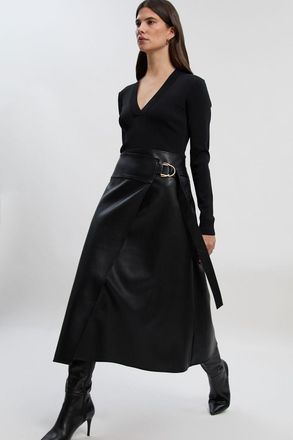 Karen Millen Womens Figure Form Pu Mix Tab Detail Pleated Knit Midi Dress - Black Viscose - Size X-Small