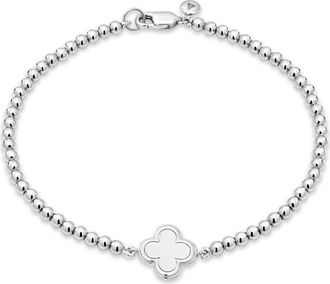 Devata Clover Beaded Ball Bracelet in Rhodium Plated Sterling Silver at Nordstrom, Size 7.5