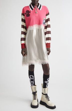 Chopova Lowena Long Sleeve Piqu&eacute; & Satin Polo Dress in Pink Multi at Nordstrom, Size Small