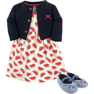 Hudson Baby Cotton Dress, Cardigan and Shoe Set in Watermelon at Nordstrom, Size 12-18M