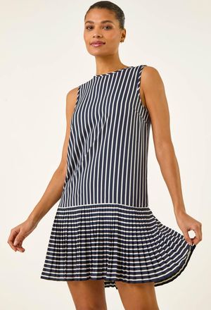 Roman Stripe Print Pleated A-Line Dress